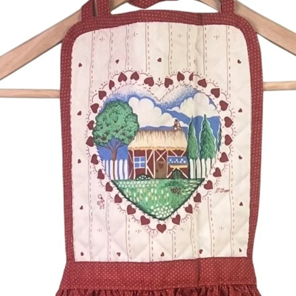 VTG Rust Polka Dot Bib Kitchen Apron Quilted Heart Farmhouse Country 80's - Picture 2 of 4